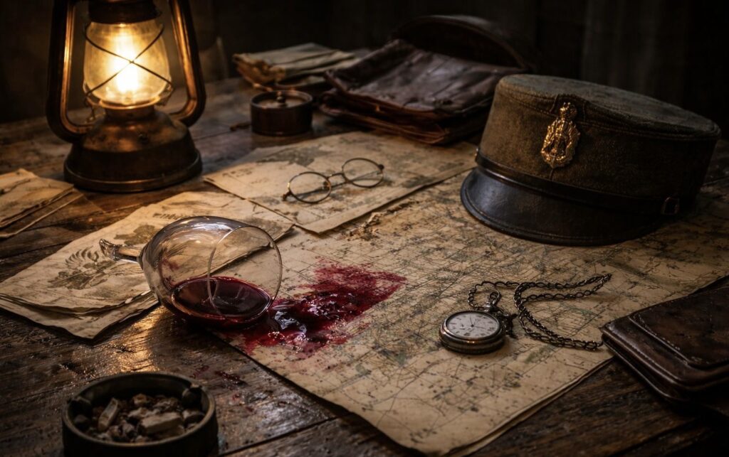 Félborult vörösboros pohár és katonai tárgyak egy térképpel borított asztalon