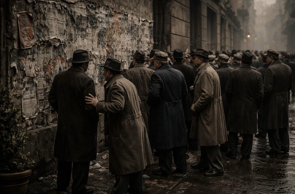 Civil tömeg falra ragasztott plakátok előtt egy esős 1940-es évekbeli utcán