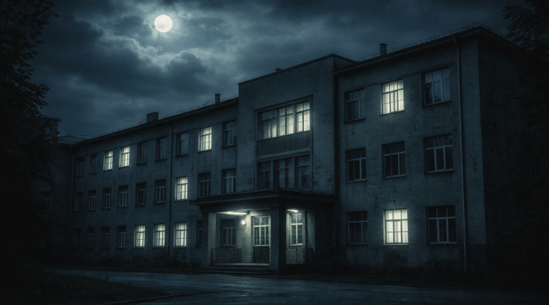 Éjszakai pszichiátriai intézet épülete telihold alatt, üres környezettel