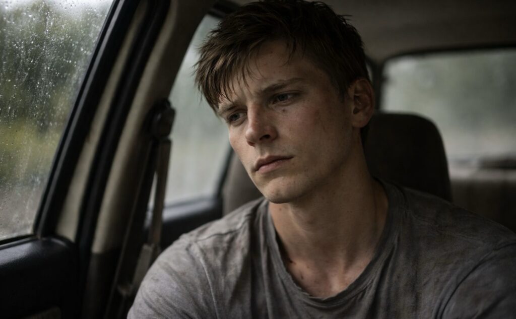 Fiatal férfi az autó ablakán kifelé néz, esőcseppekkel borított üveg mellett