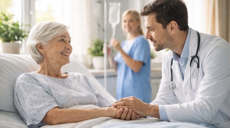 Orvos fogja egy idős kórházi beteg kezét, miközben a háttérben ápoló áll infúzió mellett világos kórteremben.