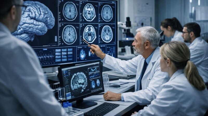 Orvosok és kutatók agyi MRI-felvételeket elemeznek nagyméretű monitoron egy modern idegtudományi laboratóriumban