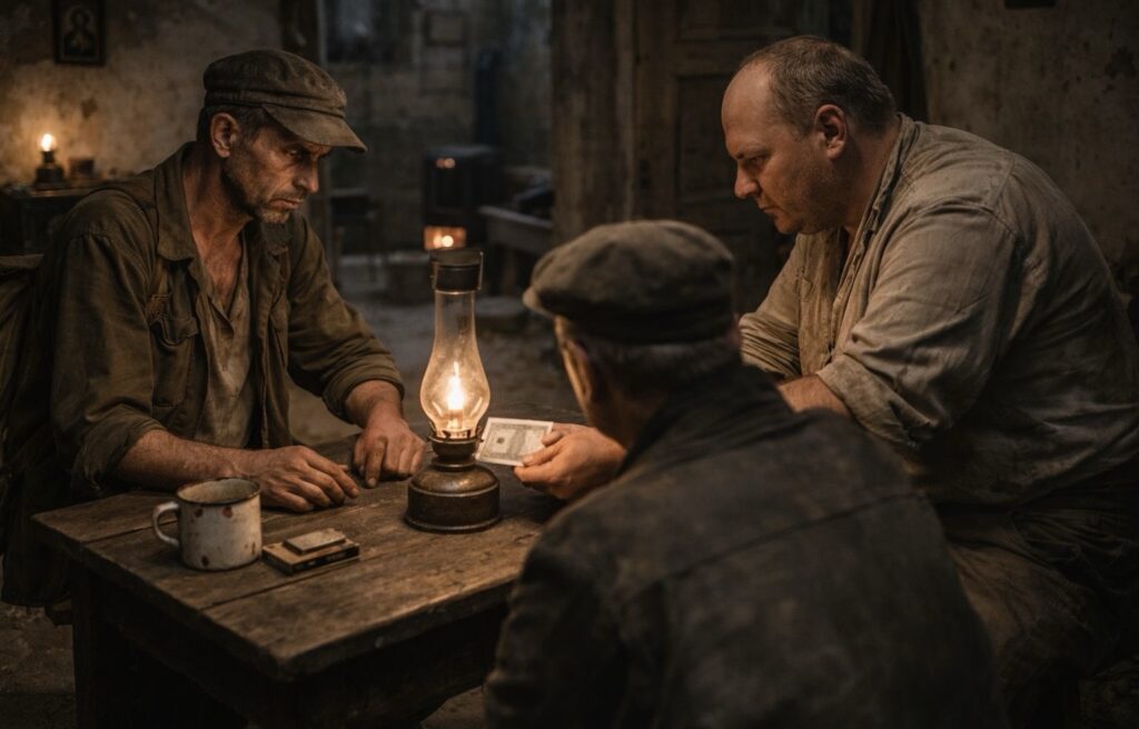 Olajlámpa fényénél három férfi ül egy falusi szobában, az asztalon pénz és bádogbögre látható az 1950-es évek hangulatában.