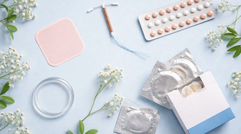 Fektetett formátumú fotó különböző fogamzásgátló eszközökről – tabletta, spirál, tapasz, óvszer és hüvelygyűrű világoskék háttéren.