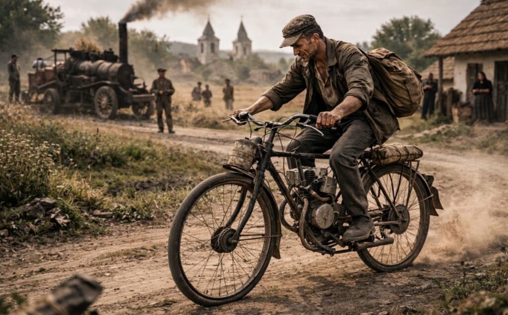 Poros falusi úton egy sovány férfi házilag motorral felszerelt kerékpáron halad, háttérben cséplőgép és templomtornyok láthatók.