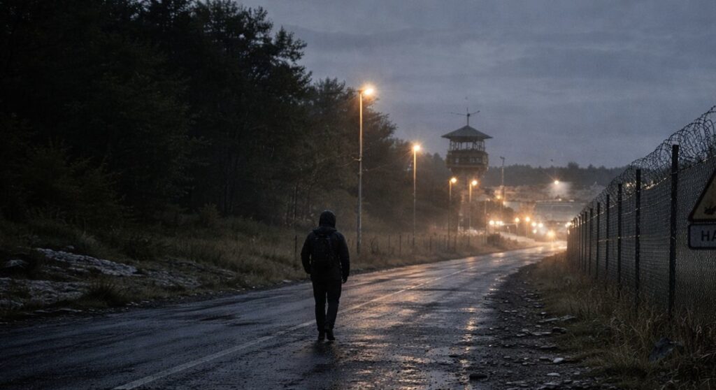 Ádám egyedül sétál a határ menti úton éjszaka, távolban őrtoronnyal