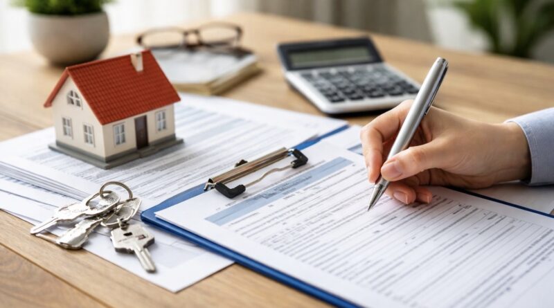 Lakásbiztosítási szerződés aláírása asztalon, kulcsokkal, számológéppel és ház makettel
