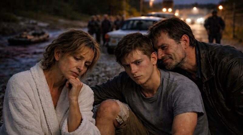 Három felnőtt alak ül éjszaka egy határ menti úton, háttérben ellenőrzőpont fényeivel