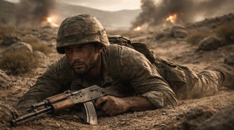 Katonai egyenruhás katona hasal köves terepen fegyverrel, háttérben robbanások füstje látszik