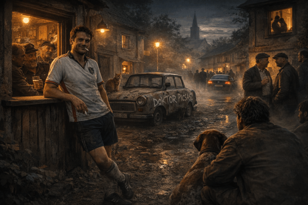 Kisvárosi esti jelenet Trabant autóval, kocsma előtt álló emberekkel és patakon átívelő utcával