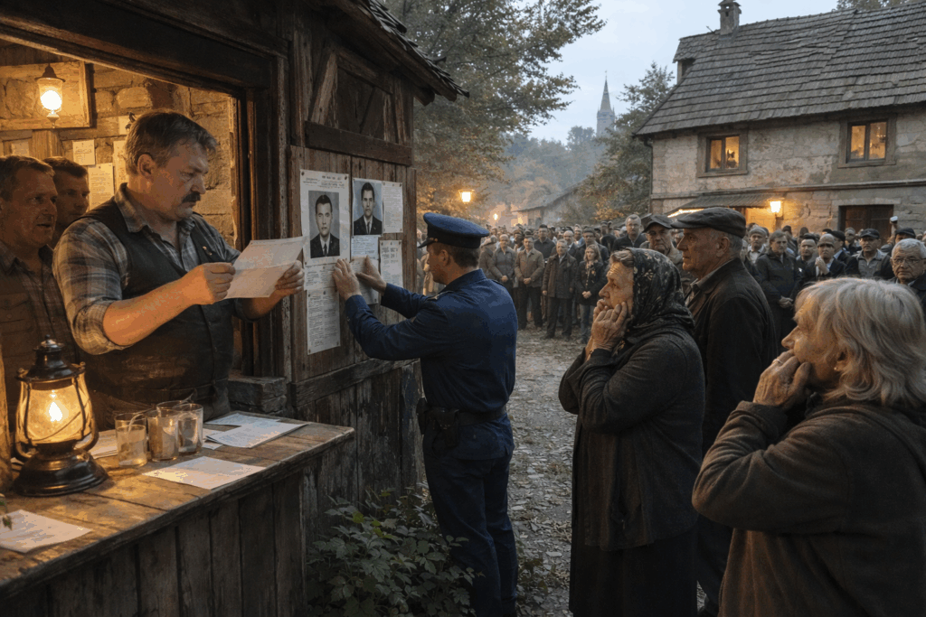 Falusi hirdetőtáblánál gyülekező emberek halálhír felolvasása közben