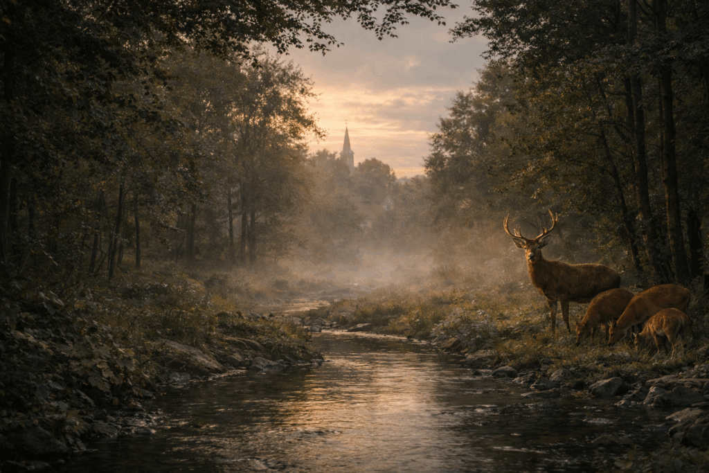 Erdős patakvölgy szarvascsordával ködös alkonyati fényben