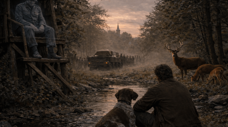 Katonai temetési menet erdei úton, háttérben templomtoronnyal, előtérben férfi és kutya