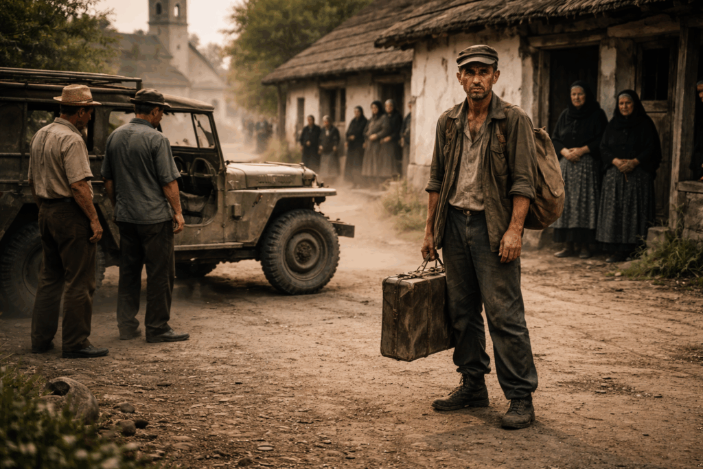 Kofferrel álló sovány férfi poros falusi utcán, mellette terepjáró és kíváncsian figyelő asszonyok az 1950-es években.