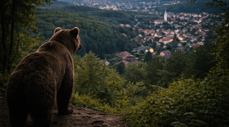 Barna medve áll egy erdős hegyoldalon, és egy dombok között fekvő kisváros felé néz alkonyati fényben