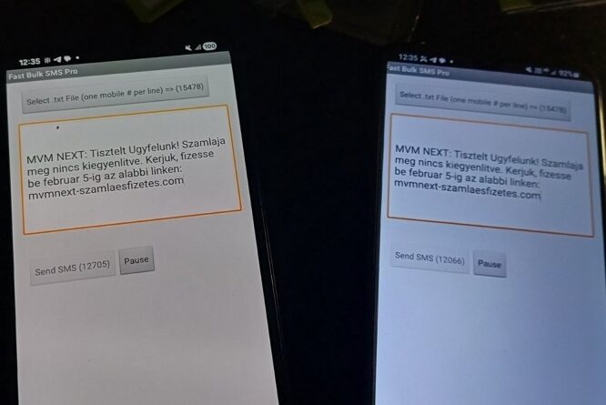 Két mobiltelefon kijelzőjén tömeges sms-küldő alkalmazás látható, amely MVM-nek álcázott adathalász üzenetet készül kiküldeni.