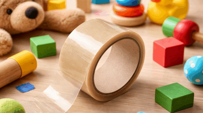 Széles átlátszó cellux tekercs fa asztalon, körülötte színes gyermekjátékok