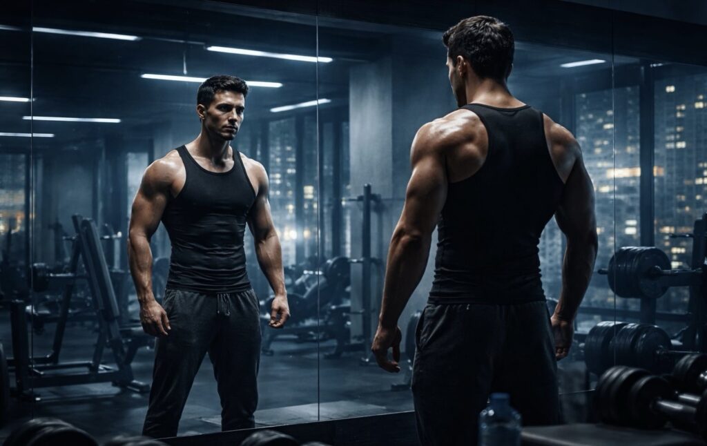Izmos férfi tükrös edzőteremben saját tükörképével szemben áll