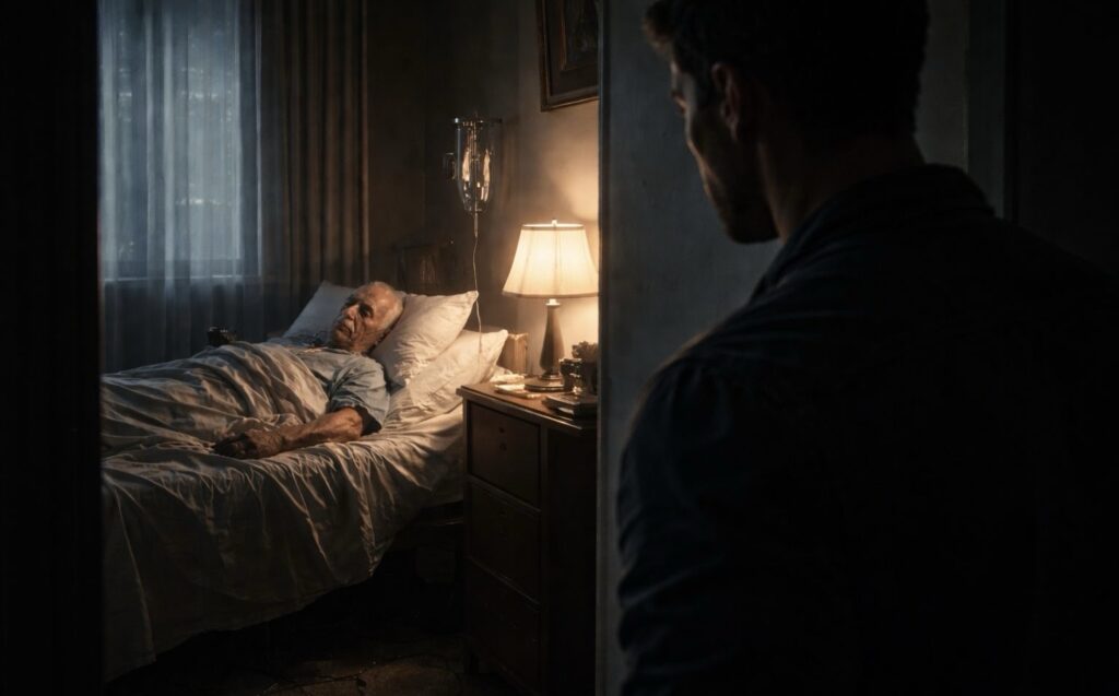 Fiatal férfi figyel egy haldokló idős embert félhomályos hálószobában