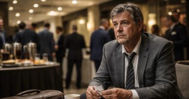 Megfáradt középkorú férfi öltönyben ül egy konferencia büféasztalánál névjegykártyákkal a kezében