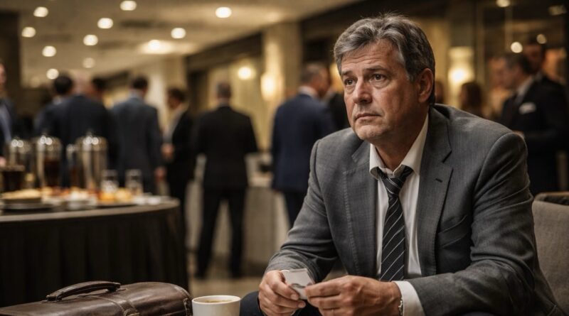 Megfáradt középkorú férfi öltönyben ül egy konferencia büféasztalánál névjegykártyákkal a kezében