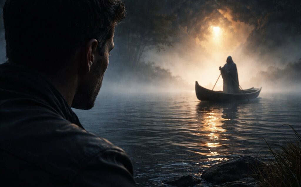 Férfi figyel egy ladikban evező csuklyás alakot ködös folyón