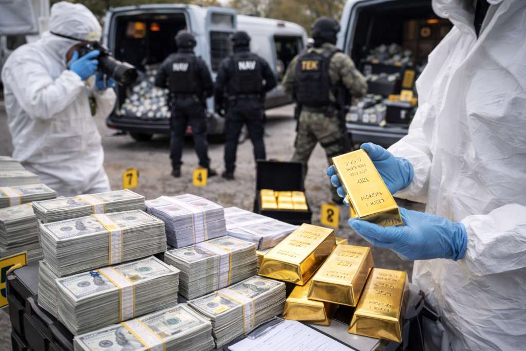 Lefoglalt készpénzkötegek és aranyrudak egy hatósági akció során, miközben a háttérben nyomozók és páncélozott járművek láthatók