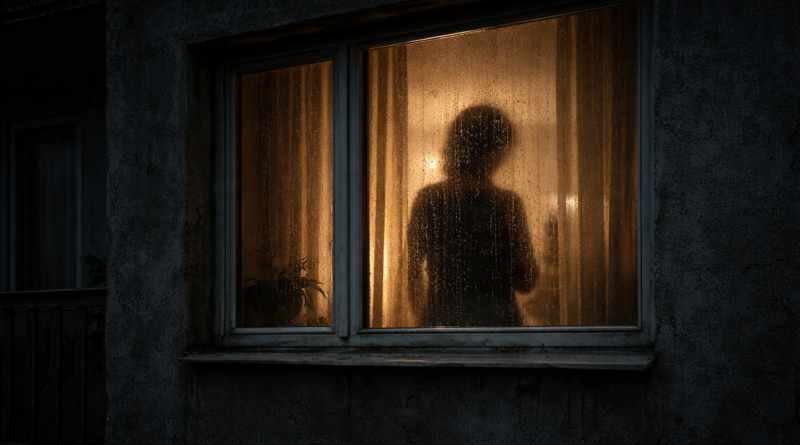 Esős éjszaka egy lakótelepi ablaknál, függöny mögött álló alak sziluettje