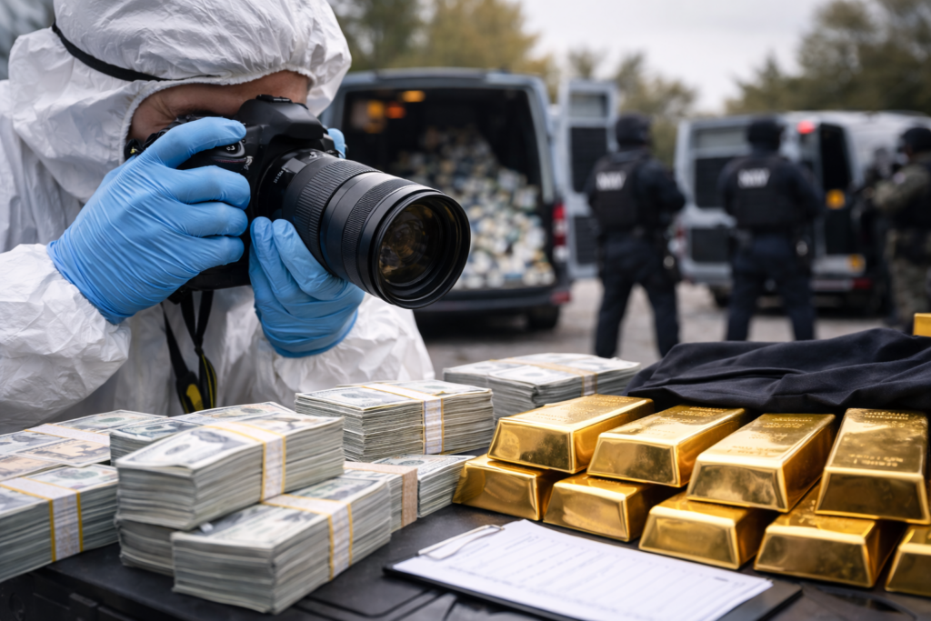 Helyszínelő fotós dokumentálja a lefoglalt készpénzt és aranyrudakat egy nagyszabású pénzmosási ügyben