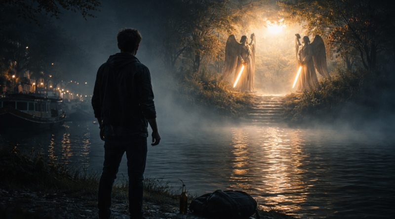 Ködös folyóparton álló férfi egy ragyogó, misztikus kert kapuját őrző angyalokra néz, akik tüzes kardot tartanak.