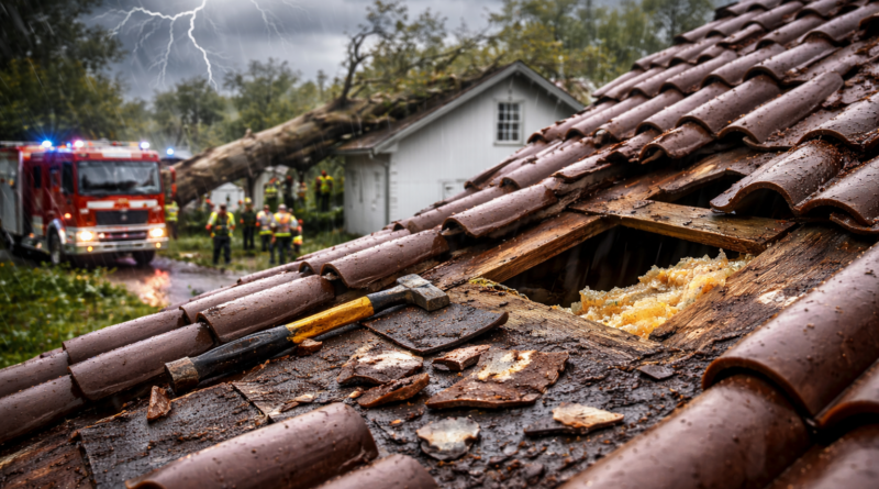 Megrongálódott tetőcserepek és kidőlt fa egy vihar után