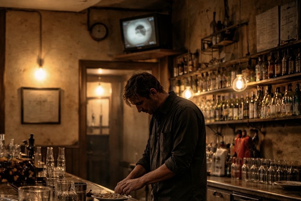 Pultos dolgozik egy régi presszóban italok és poharak között