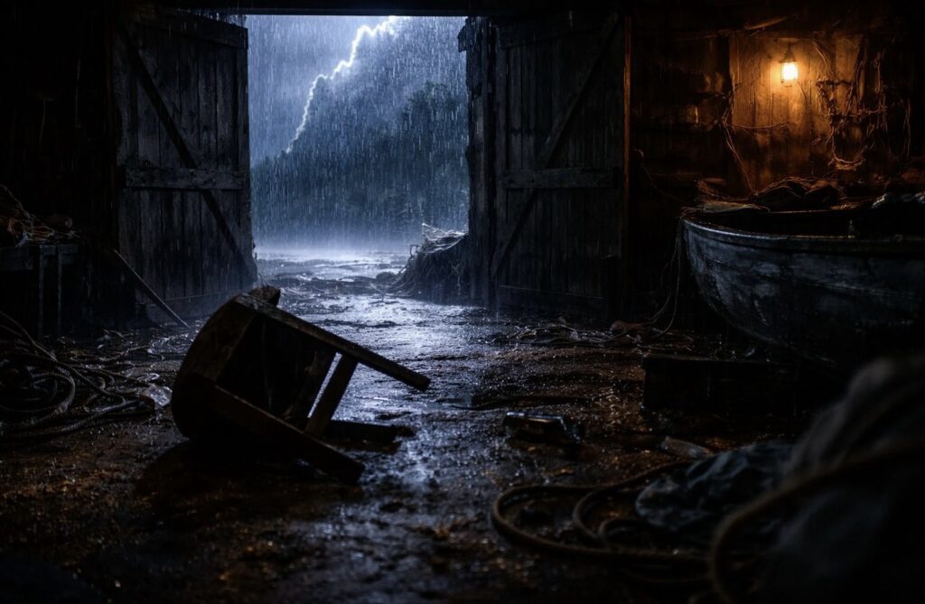 Viharos éjszaka egy csónakház nyitott kapujában, villámlással és esővel