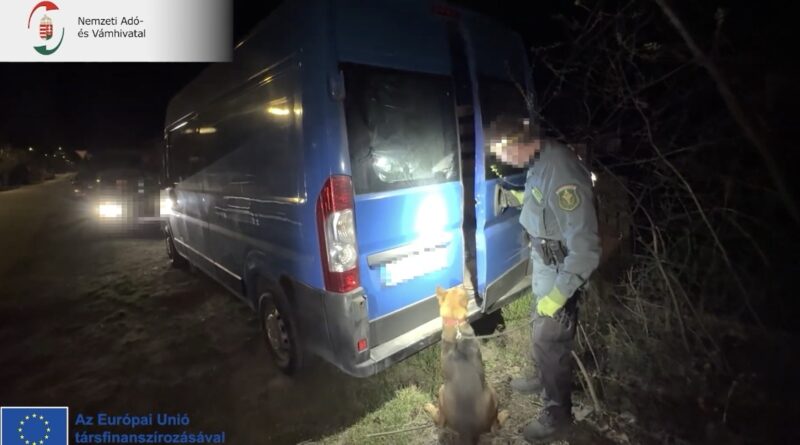 NAV pénzügyőr és szolgálati kutya vizsgál egy kék furgont éjszaka