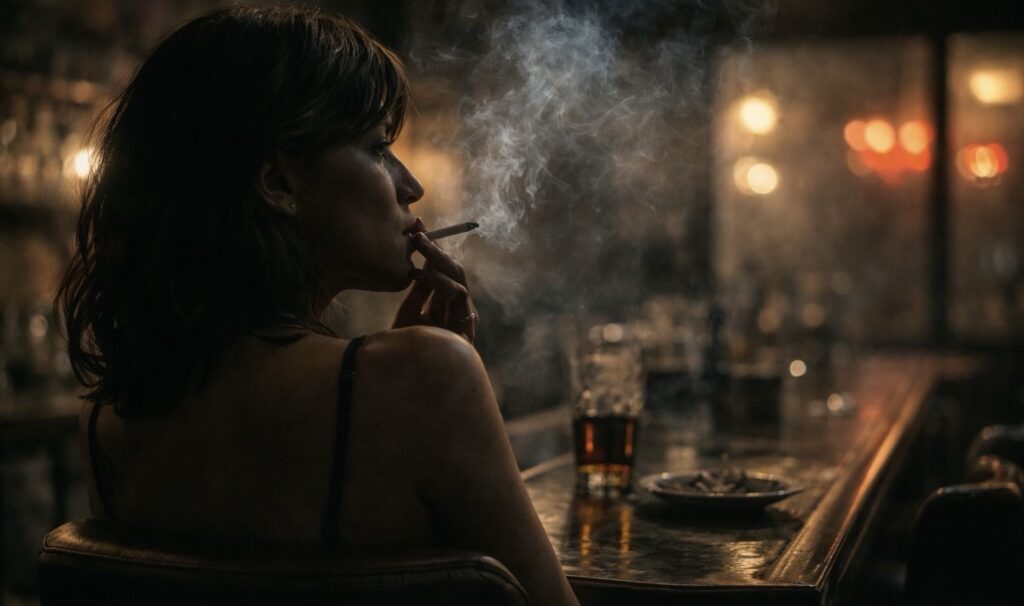 Fiatal nő cigarettázik a bárpultnál félprofilból, füsttel körülvéve