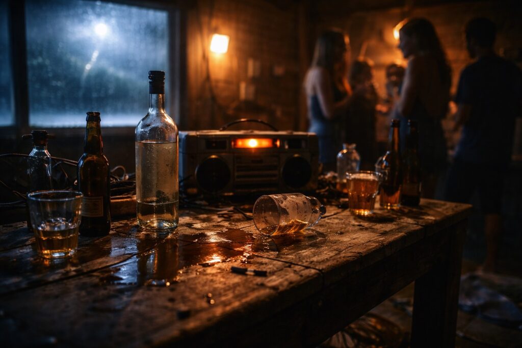 Rendezetlen asztal italokkal egy csónakházban, háttérben beszélgető emberek