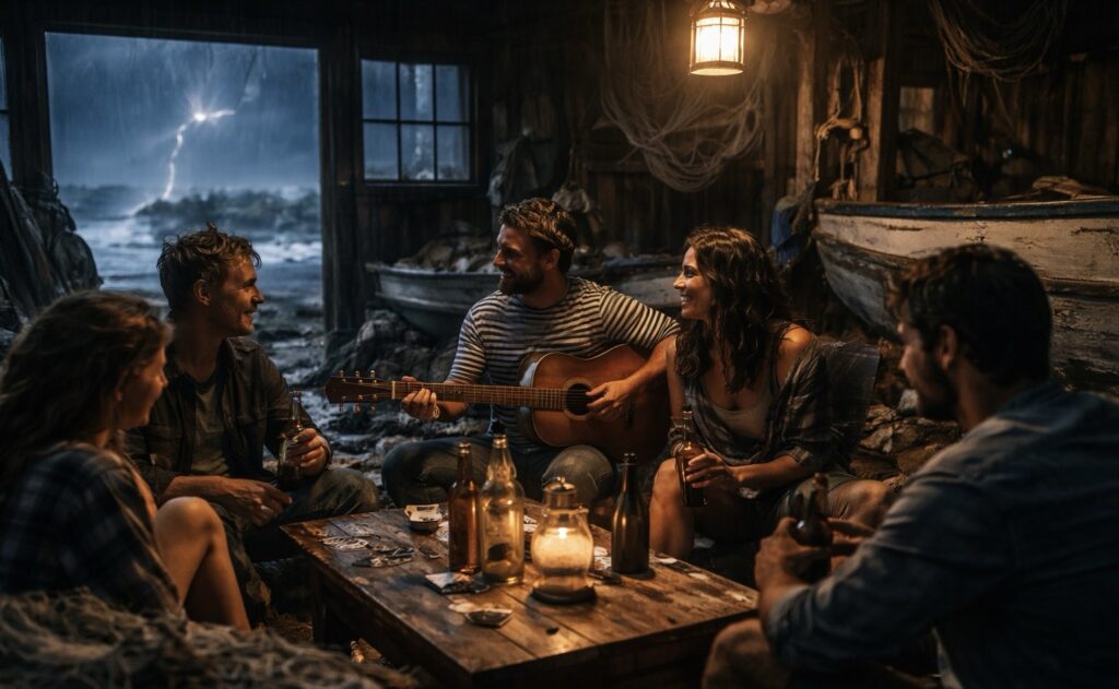 Fiatal társaság ül egy csónakházban, gitárral és italokkal