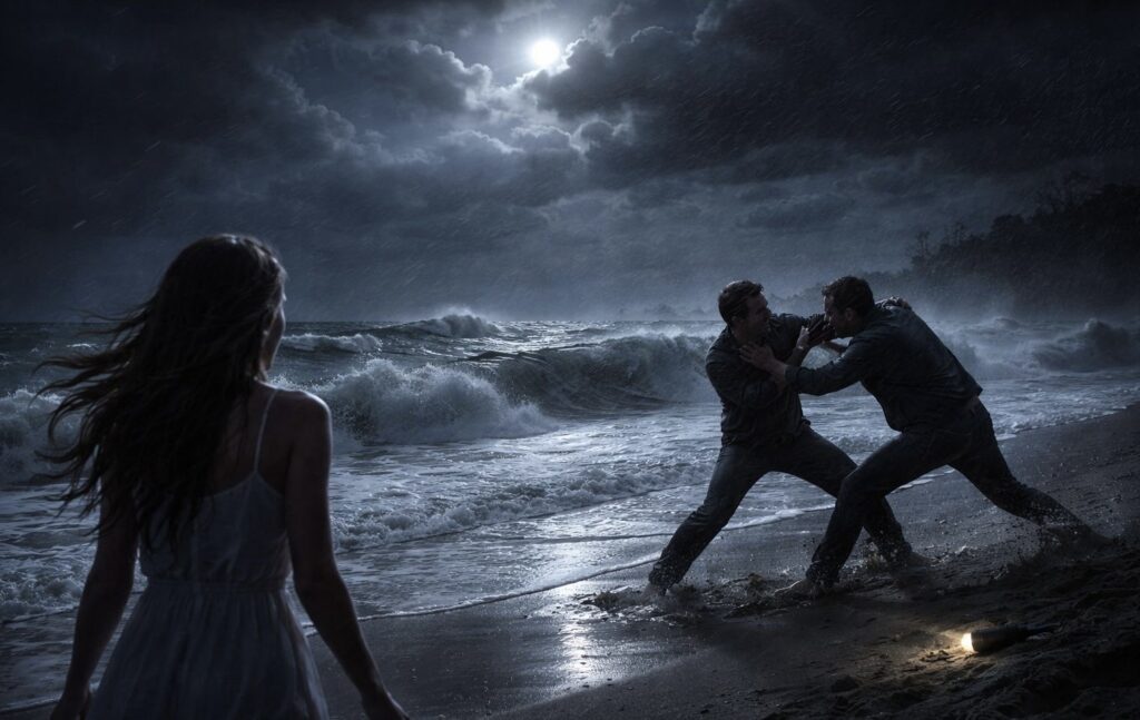 Két férfi dulakodik egy viharos tengerparton, egy nő a közelben figyel