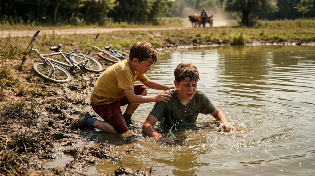 Két fiú egy sáros vízben, egyikük segíti a másikat a part közelében