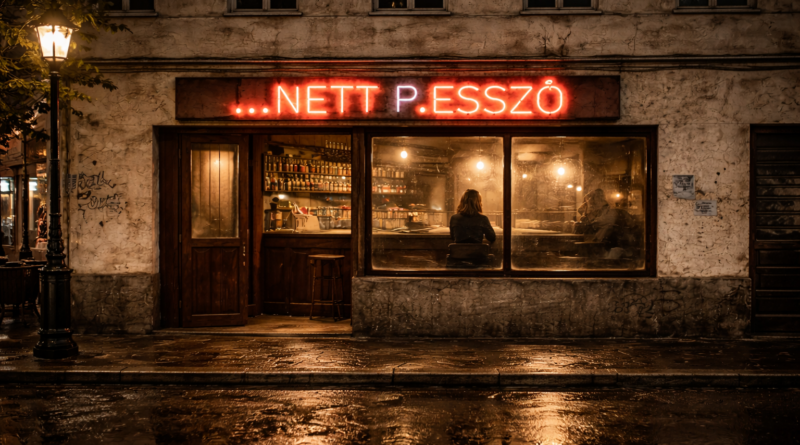 Régi presszó kívülről éjszaka, hiányos neon felirattal és nedves utcával