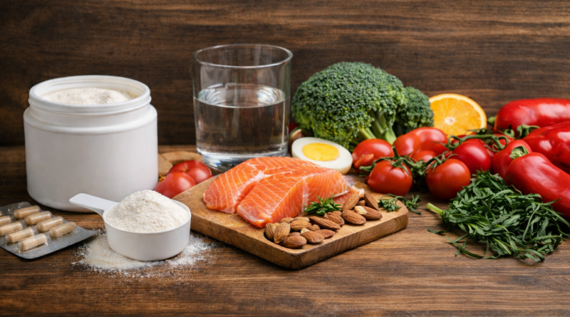 Kollagénpor és kapszulák mellett lazac, zöldségek, tojás és olajos magvak egy fa asztalon