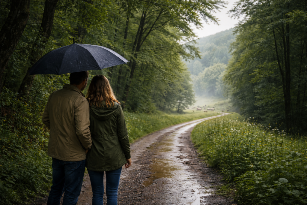 Férfi és nő esernyő alatt áll egy eső utáni erdei úton, a távolba nézve