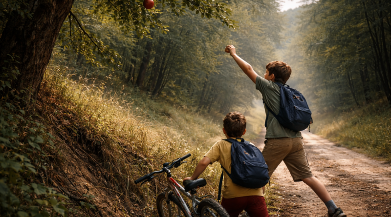 Két fiú egy erdei úton követ dob egy almafa ágán lévő piros almára
