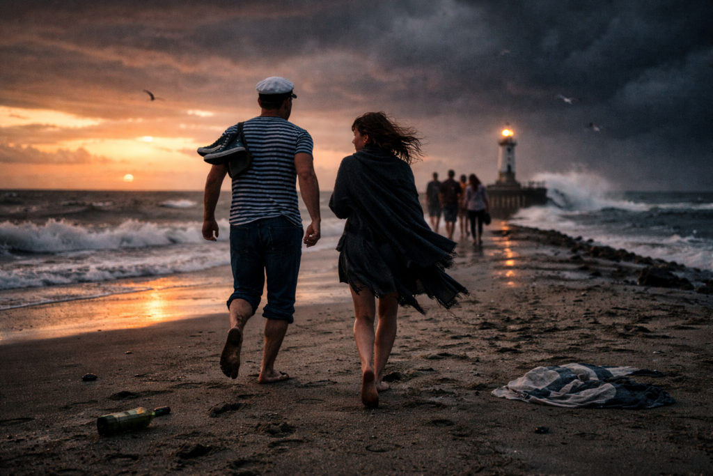 Férfi és nő sétál a viharos tengerparton egy világítótorony felé naplementében