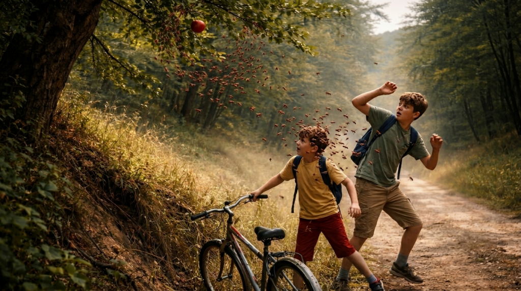 Két fiú egy erdei úton darazsak rajától ijedten próbál védekezni