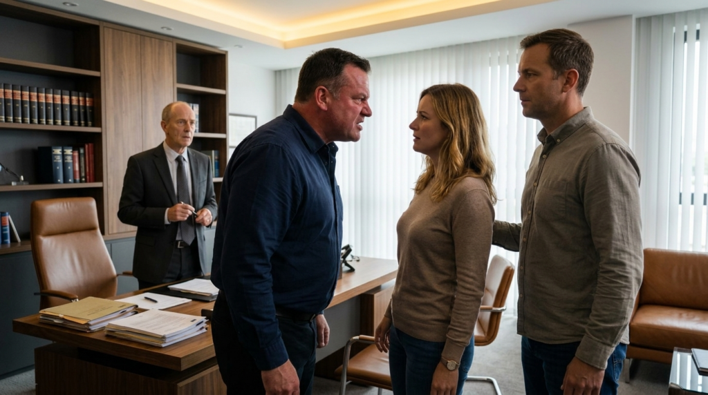 Három felnőtt ember feszült vitában egy ügyvédi irodában, ügyvéd a háttérben