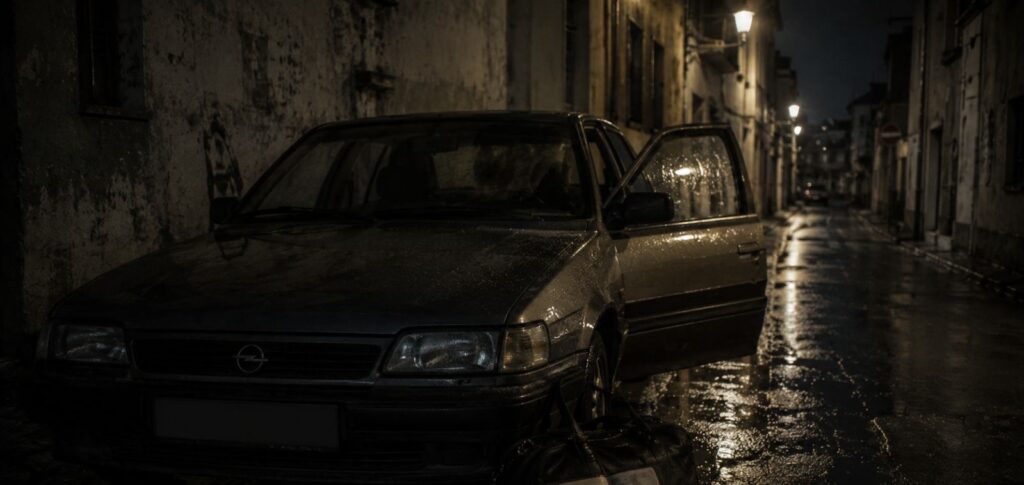 Régi Opel áll egy esős, sötét utcában nyitott ajtóval és földön heverő táskával.