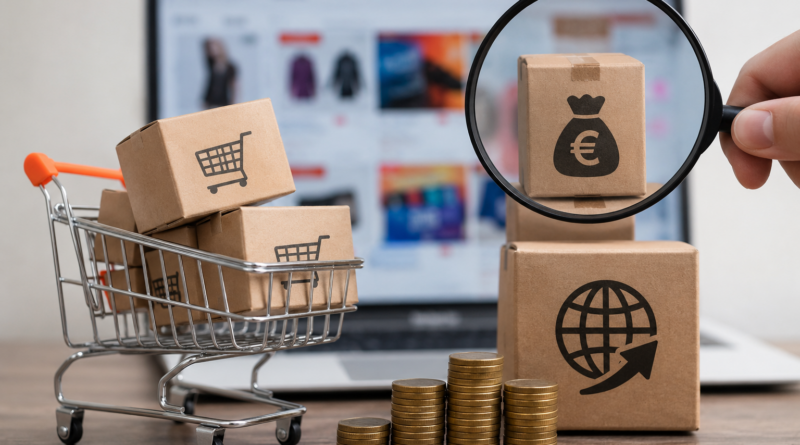 Online vásárlást jelképező illusztráció bevásárlókocsival, csomagokkal, pénzérmékkel és nagyítóval, amely az új vámköltségekre és a külföldi webáruházakból érkező rendelések drágulására utal.
