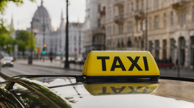 Sárga TAXI jelzés egy budapesti taxi tetején, elmosódott belvárosi háttérrel.