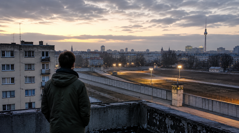 Magányos alak figyeli a megosztott Berlint egy panelház tetejéről, a berlini fal és az őrtornyok fölött.